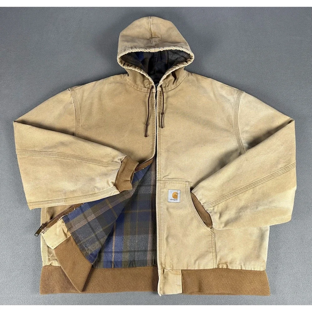 Carhartt Jacket Large Tan Brown JF1006 Faded Duck Canvas Flannel Lined 90s